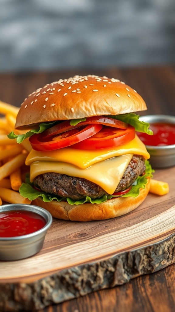 A classic maison hamburger with beef patty, cheese, lettuce, tomato, and onion on a toasted bun, served with fries.
